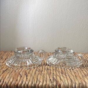 Anchor H — Vintage Pressed Glass Candle Holders - Finger Handle - Silver Trim